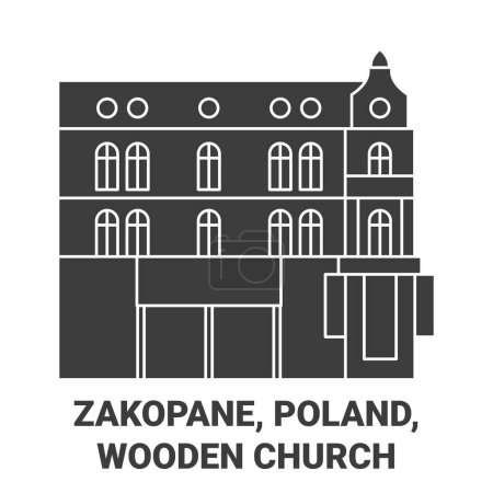 Téléchargez les illustrations : Pologne, Zakopane, illustration vectorielle de ligne de voyage de l'église en bois - en licence libre de droit