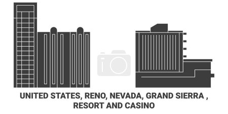 Téléchargez les illustrations : États-Unis, Reno, Nevada, Grand Sierra, Resort And Casino illustration vectorielle de ligne de voyage historique - en licence libre de droit