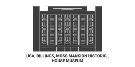 Téléchargez les illustrations : Usa, Billings, Moss Mansion historique, Maison Musée Voyage ligne vectorielle illustration - en licence libre de droit