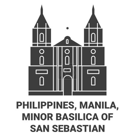 Téléchargez les illustrations : Philippines, Manille, Basilique mineure de Saint-Sébastien illustration vectorielle de ligne de voyage - en licence libre de droit