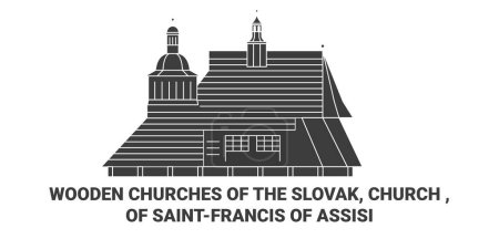 Téléchargez les illustrations : Slovaquie, Églises en bois de Saintfrancis d'Assise illustration vectorielle de ligne de voyage historique - en licence libre de droit