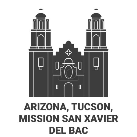 Ilustración de Estados Unidos, Arizona, Tucson, Misión San Xavier Del Bac recorrido hito línea vector ilustración - Imagen libre de derechos