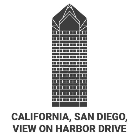 Téléchargez les illustrations : États-Unis, Californie, San Diego, Vue Sur Harbor Drive Voyage illustration vectorielle de ligne historique - en licence libre de droit