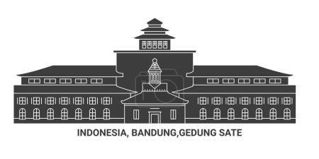 Téléchargez les illustrations : Indonésie, Bandung, Gedung Sate, illustration vectorielle de ligne de repère de voyage - en licence libre de droit