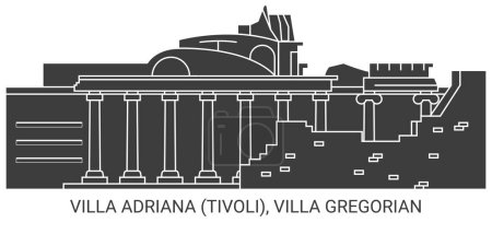 Téléchargez les illustrations : Italie, Villa Adriana Tivoli, illustration vectorielle de ligne de voyage de Villa Gregorian - en licence libre de droit