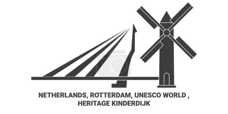 Illustration for Netherlands, Rotterdam, Unesco World , Heritage Kinderdijk travel landmark line vector illustration - Royalty Free Image