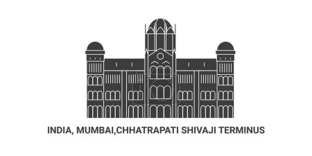 Téléchargez les illustrations : Inde, Mumbai, Chhatrapati Shivaji Terminus, illustration vectorielle de ligne de repère de voyage - en licence libre de droit