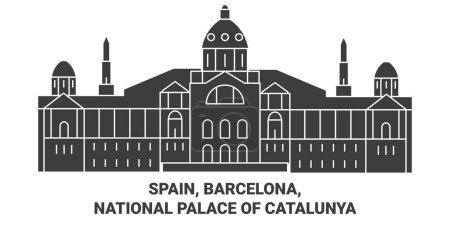 Téléchargez les illustrations : Espagne, Barcelone, Palais national de Catalogne illustration vectorielle de ligne de voyage - en licence libre de droit
