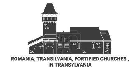Ilustración de Rumania, Transilvania, Iglesias fortificadas, En Transilvania viaje hito línea vector ilustración - Imagen libre de derechos