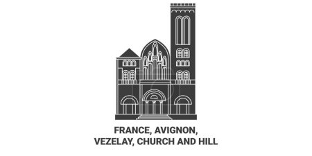 Ilustración de Francia, Aviñón, Vezelay, Iglesia y Colina recorrido hito línea vector ilustración - Imagen libre de derechos