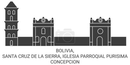 Téléchargez les illustrations : Bolivie, Santa Cruz De La Sierra, Iglesia Parroqial Purisima Concepcion Travel illustration vectorielle de ligne historique - en licence libre de droit