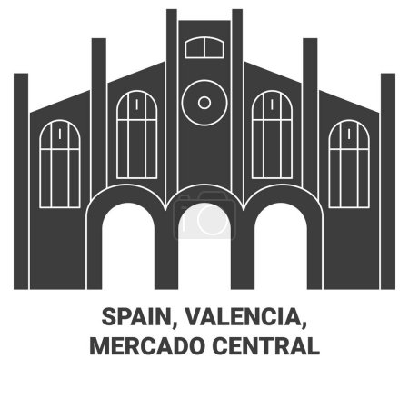 Téléchargez les illustrations : Espagne, Valence, Mercado Illustration vectorielle de ligne de voyage centrale - en licence libre de droit