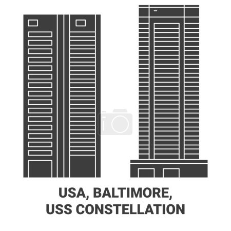 Ilustración de EE.UU., Baltimore, Uss Constelación recorrido hito línea vector ilustración - Imagen libre de derechos