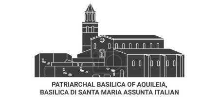 Illustration for Italy, Patriarchal Basilica Of Aquileia, Basilica Di Santa Maria Assunta Italian travel landmark line vector illustration - Royalty Free Image
