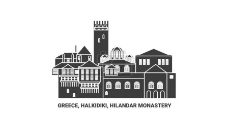 Ilustración de Grecia, Halkidiki, Hilandar Monasterio viaje hito línea vector ilustración - Imagen libre de derechos