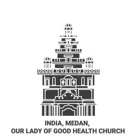 Illustration for India, Medan, Our Lady Of Good Health Church travel landmark line vector illustration - Royalty Free Image