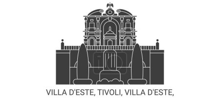 Italien, Villa Deste, Tivoli, Villa Deste, Reise-Meilenstein Linienvektorillustration