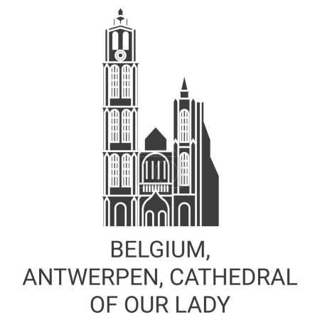 Téléchargez les illustrations : Belgique, Anvers, Cathédrale Notre-Dame illustration vectorielle de ligne de voyage historique - en licence libre de droit