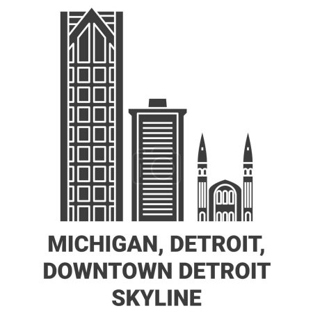 Téléchargez les illustrations : États-Unis, Michigan, Detroit, Downtown Detroit Skyline illustration vectorielle de ligne de voyage historique - en licence libre de droit