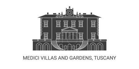 Téléchargez les illustrations : Italie, Médicis Villas Et Jardins. Illustration vectorielle de ligne de voyage Toscane - en licence libre de droit
