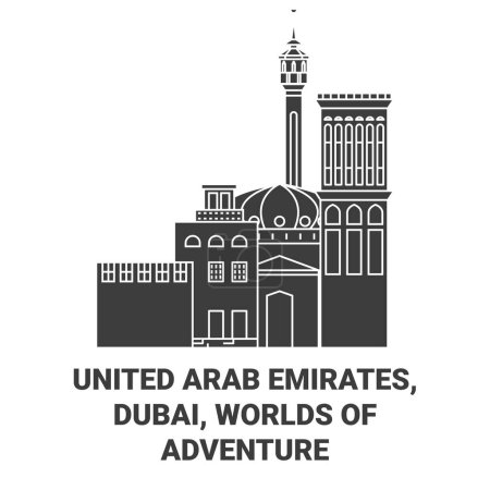 Téléchargez les illustrations : Émirats arabes unis, Dubaï, Mondes de l'aventure illustration vectorielle de ligne de voyage - en licence libre de droit