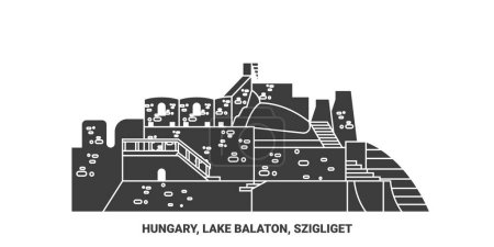 Téléchargez les illustrations : Hongrie, Lac Balaton, Szigliget illustration vectorielle de ligne de voyage - en licence libre de droit