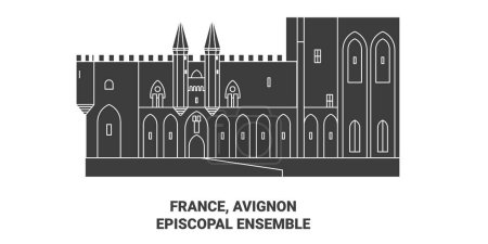 Ilustración de Francia, Aviñón, Episcopal Ensemble viaje hito línea vector ilustración - Imagen libre de derechos