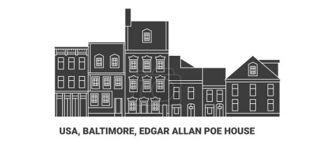 Téléchargez les illustrations : Usa, Baltimore, Edgar Allan Poe House, illustration vectorielle de ligne de repère de voyage - en licence libre de droit