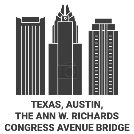 Ilustración de Estados Unidos, Texas, Austin, The Ann W. Richards Congress Avenue Bridge recorrido hito línea vector ilustración - Imagen libre de derechos
