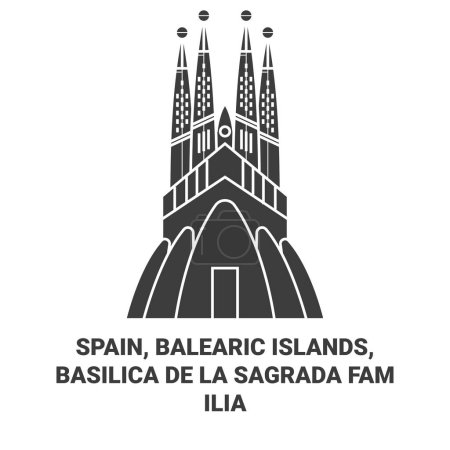 Téléchargez les illustrations : Espagne, Îles Baléares, Baslica De La Sagrada Illustration vectorielle de ligne de repère de voyage Famlia - en licence libre de droit