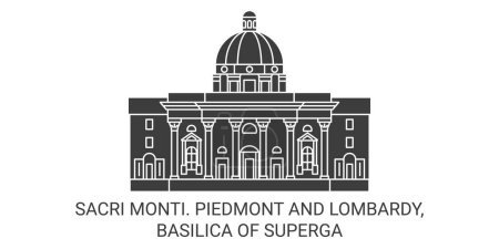 Ilustración de Italia, Sacri Monti, Piamonte y Lombardía, Basílica de Superga recorrido hito línea vector ilustración - Imagen libre de derechos