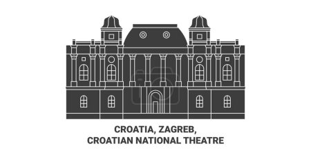 Téléchargez les illustrations : Croatie, Zagreb, Théâtre national croate illustration vectorielle de ligne de voyage - en licence libre de droit