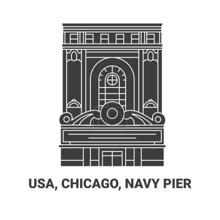 Téléchargez les illustrations : Usa, Chicago, Navy Pier, illustration vectorielle de ligne de repère de voyage - en licence libre de droit