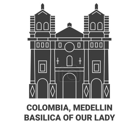 Téléchargez les illustrations : Colombie, Medellin Basilique de Notre-Dame Voyage illustration vectorielle ligne historique - en licence libre de droit