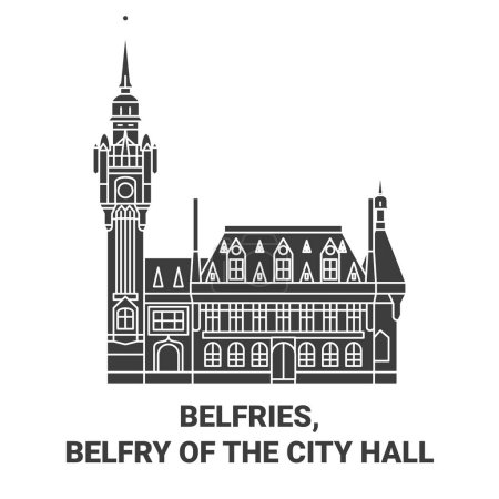 Illustration for Belgium, Belfries, Belfry Of The City Hall travel landmark line vector illustration - Royalty Free Image