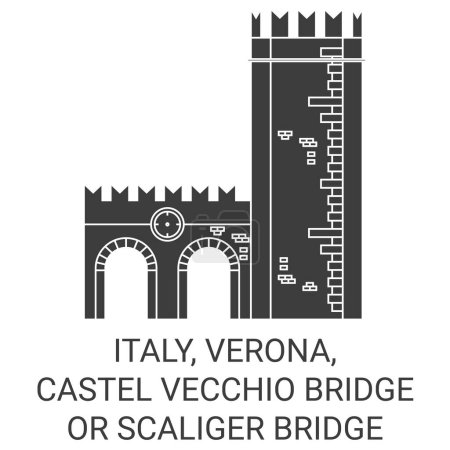 Ilustración de Italia, Verona, Castel Vecchio puente o Scaliger puente recorrido hito línea vector ilustración - Imagen libre de derechos
