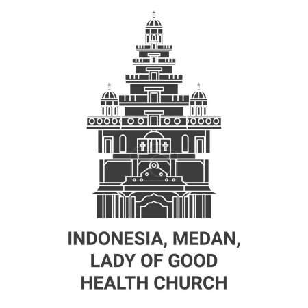 Téléchargez les illustrations : Indonésie, Medan, Lady Of Good Health Illustration vectorielle de ligne de voyage de l'église - en licence libre de droit