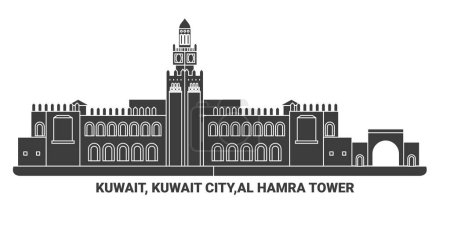 Téléchargez les illustrations : Koweït, Koweït, Tour Al Hamra, illustration vectorielle de ligne de repère de voyage - en licence libre de droit
