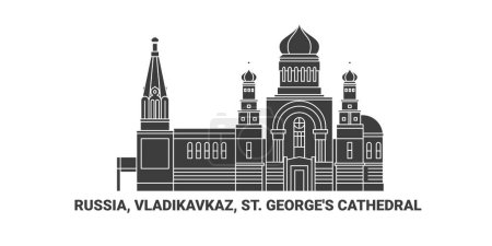 Téléchargez les illustrations : Russie, Vladikavkaz, Cathédrale Saint-Georges, illustration vectorielle de ligne de repère de voyage - en licence libre de droit