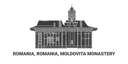 Ilustración de Rumania, Rumania, Moldovita Monasterio recorrido hito línea vector ilustración - Imagen libre de derechos