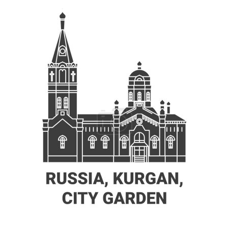 Téléchargez les illustrations : Russie, Kurgan, City Garden voyages illustration vectorielle de ligne historique - en licence libre de droit