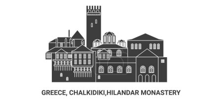 Illustration for Greece, Chalkidiki,Hilandar Monastery, travel landmark line vector illustration - Royalty Free Image
