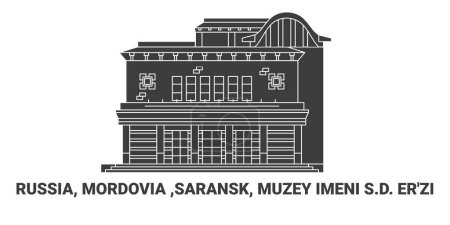 Téléchargez les illustrations : Russie, Mordovie, Saransk, Muzey Imeni S.D. Erzi, illustration vectorielle de ligne de repère de voyage - en licence libre de droit