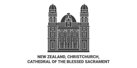Téléchargez les illustrations : Nouvelle-Zélande, Christchurch, Cathédrale du Saint-Sacrement illustration vectorielle de ligne de voyage historique - en licence libre de droit