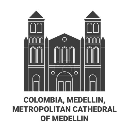 Ilustración de Colombia, Medellín, Catedral Metropolitana de Medellín recorrido hito línea vector ilustración - Imagen libre de derechos