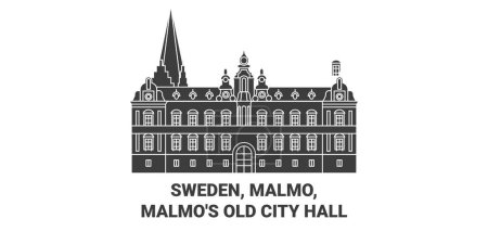 Téléchargez les illustrations : Suède, Malmo, Malmos Ancien hôtel de ville Voyage illustration vectorielle ligne historique - en licence libre de droit