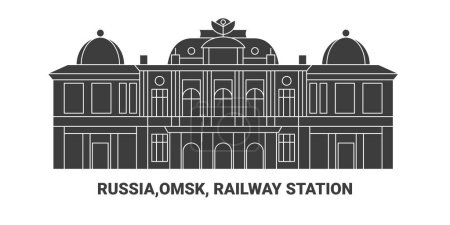 Téléchargez les illustrations : Russie, Omsk, Gare ferroviaire, illustration vectorielle de ligne de repère de voyage - en licence libre de droit