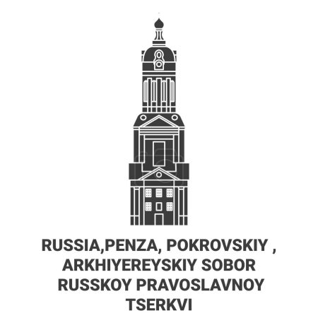 Illustration for Russia,Penza, Pokrovskiy , Arkhiyereyskiy Sobor Russkoy Pravoslavnoy Tserkvi travel landmark line vector illustration - Royalty Free Image