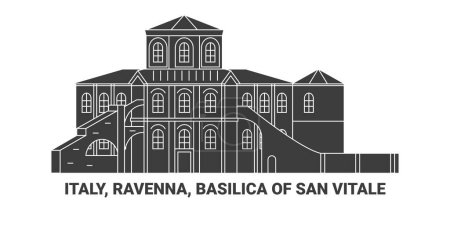 Téléchargez les illustrations : Italie, Ravenne, Basilique de San Vitale, illustration vectorielle de ligne de repère de voyage - en licence libre de droit