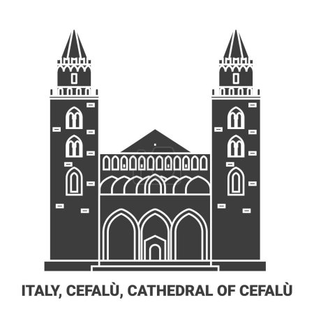 Ilustración de Italia, Cefalú, Catedral de Cefalú recorrido hito línea vector ilustración - Imagen libre de derechos